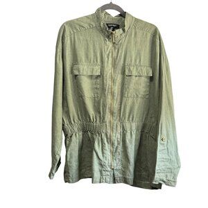 Ellen Tracy Olive Green Linen Jacket XL With Drawstring Waist & Full Zip Front